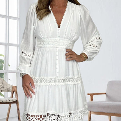 🎁Heißer Verkauf 49% RABATT⏳ Damen Weißes Vintage Kleid mit V-Ausschnitt und Spitzen-Lochmuster