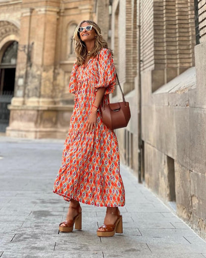 🌸Große Preisreduzierung🌸 Elegantes Damen-Boho-Maxikleid mit Puffärmeln und Blumenmuster